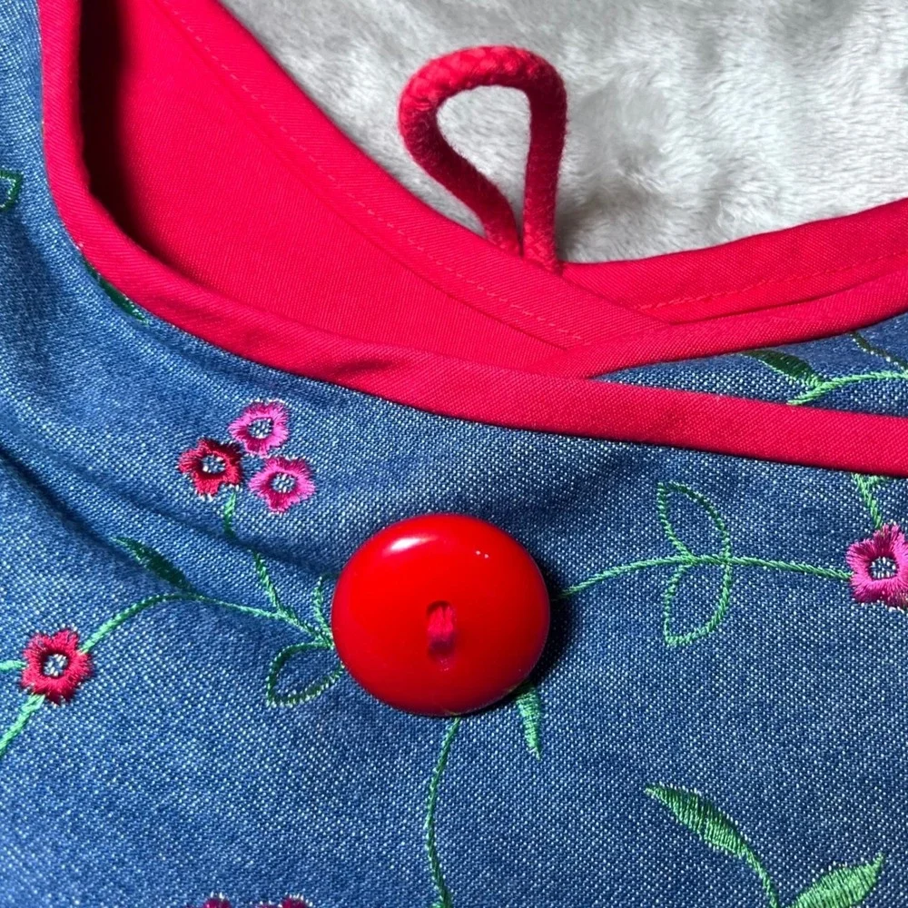 Embroidered Denim Shoulder Bag Floral Print Blue Red Button Hobo Bag Y2K Casual